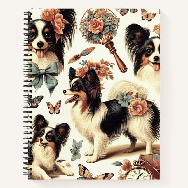 Cute Vintage Papillon Dog Illustration Notebook (Front)