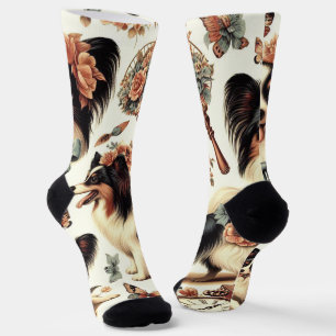 Cute Vintage Papillon Dog Illustration Socks
