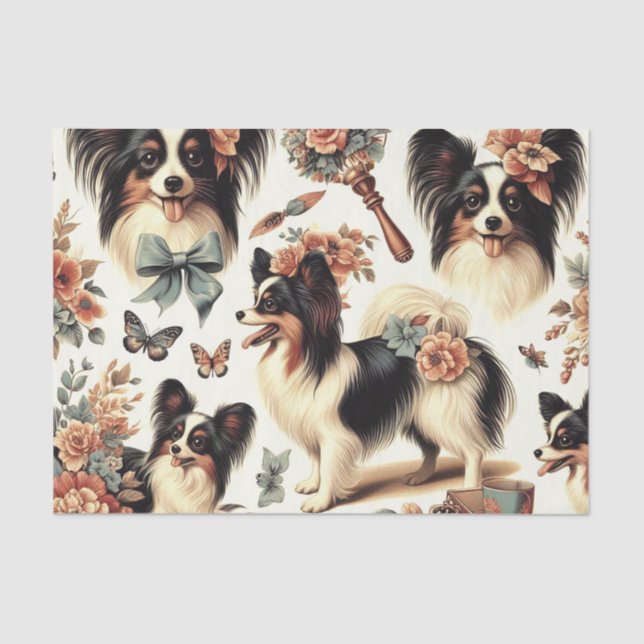 Cute Vintage Papillon Dog Illustration Tissue Paper (Front)