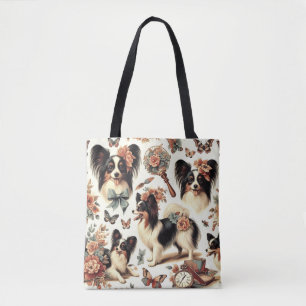 Cute Vintage Papillon Dog Illustration Tote Bag