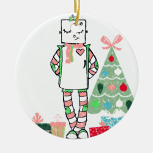 Cute Vintage Pastel Holiday Robot & Tree Ceramic Ornament