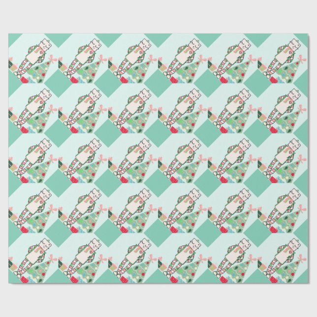 Cute Vintage Pastel Holiday Robot & Tree Wrapping Paper (Flat)
