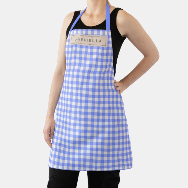 Cute Vintage Periwinkle Gingham Plaid Personalized Apron (Insitu)