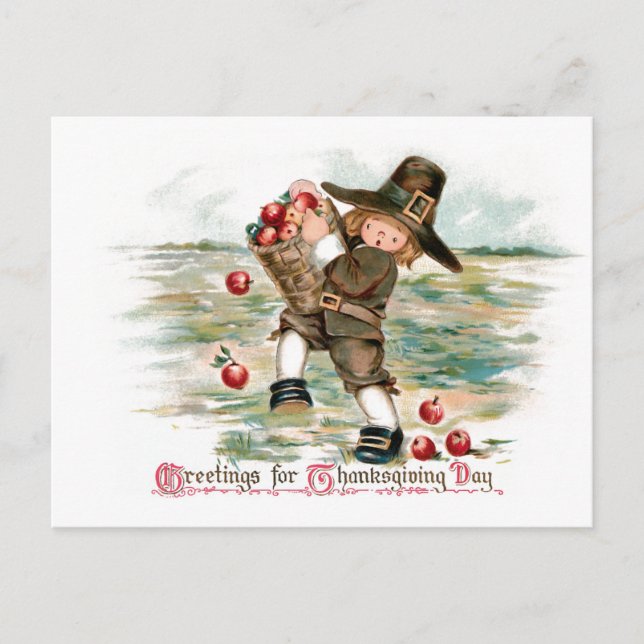 Cute Vintage Pilgrim Boy with Apples Postcard (Front)