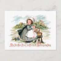 Cute Vintage Pilgrim Girl with Cooking Pot