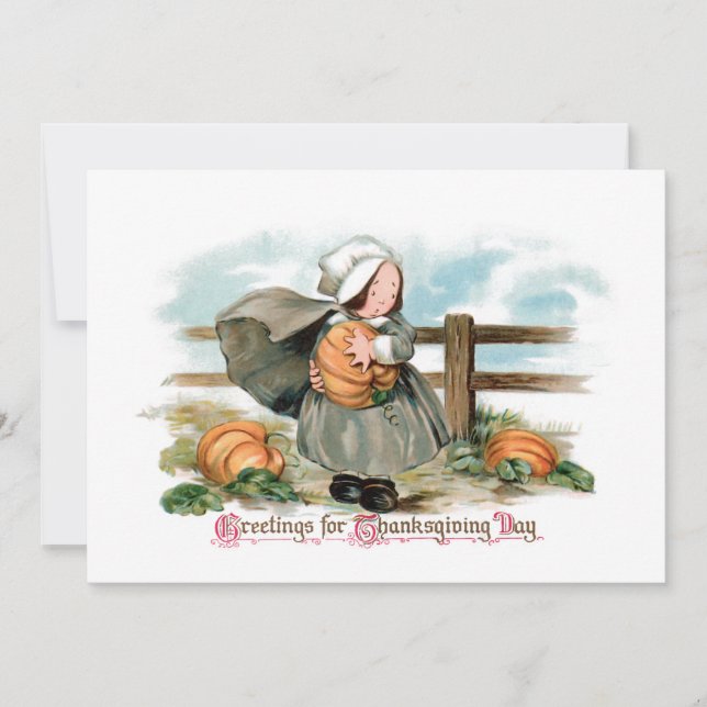Cute Vintage Pilgrim Girl with Pumpkins Holiday Card (Front)