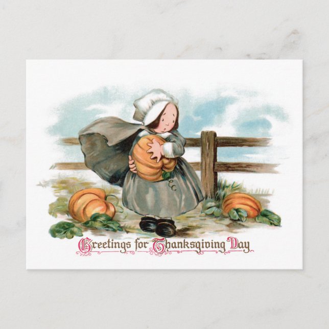 Cute Vintage Pilgrim Girl with Pumpkins Postcard (Front)