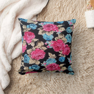 Cute Vintage Pink Blue Floral Pattern On Black Throw Pillow