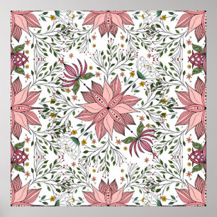 Cute Vintage Pink Floral Doodles Tile Art Poster
