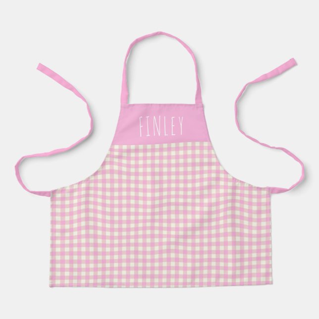 Cute Vintage Pink Gingham Plaid Personalized Kid's Apron (Front)