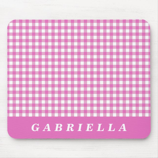 Cute Vintage Pink Gingham Plaid Personalized  Mouse Pad (Front)