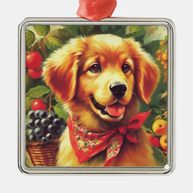 Cute Vintage Puppie Portrait Metal Ornament (Front)