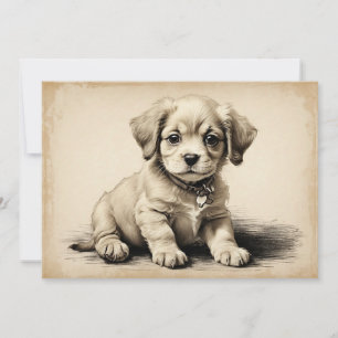 Cute Vintage Puppy Dog Portrait Art Drawing Sketch Holiday Card