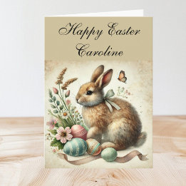 Cute Vintage Rabbit Bunny Hare Easter Floral Thank You Card
