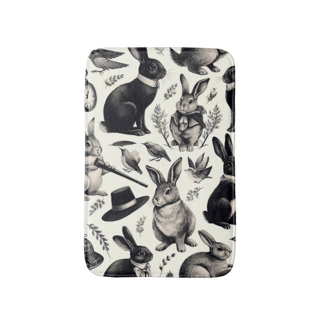 Cute Vintage Rabbit Pattern Bath Mat (Front Vertical)