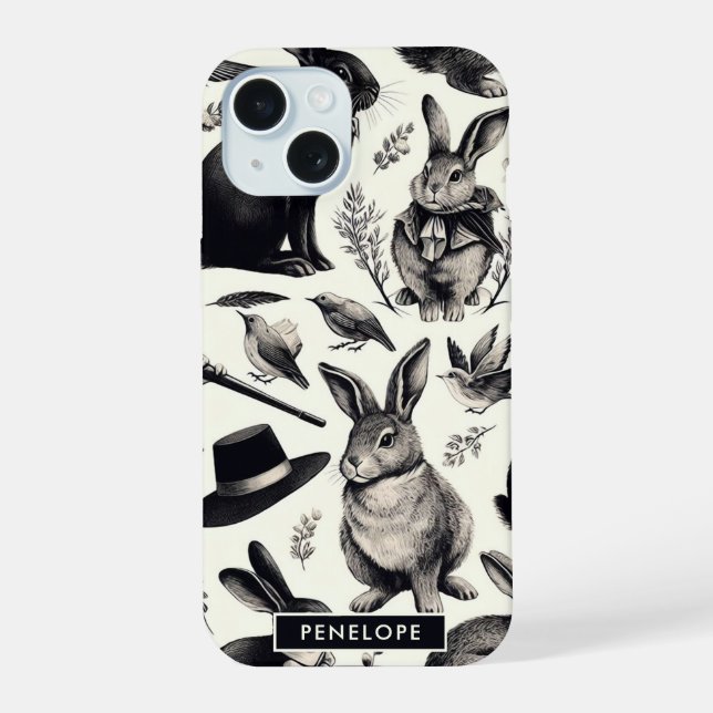 Cute Vintage Rabbit Pattern iPhone 15 Case (Back)