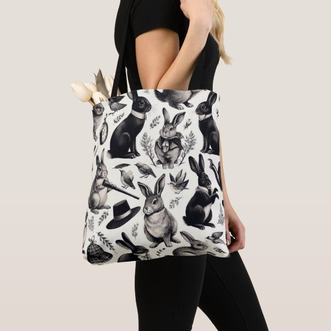 Cute Vintage Rabbit Pattern Tote Bag (Close Up)