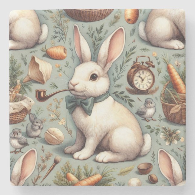 Cute Vintage Rabbit Stone Coaster (Front)