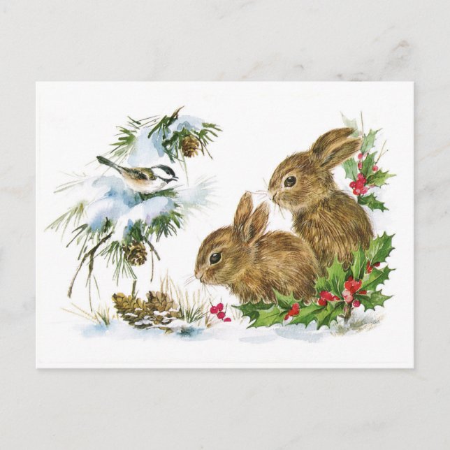 Cute Vintage Rabbits Christmas Scene Holiday Postcard (Front)