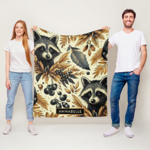 Cute Vintage Racoon Pattern Fleece Blanket