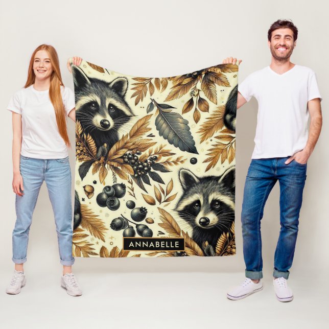 Cute Vintage Racoon Pattern Fleece Blanket (In Situ)