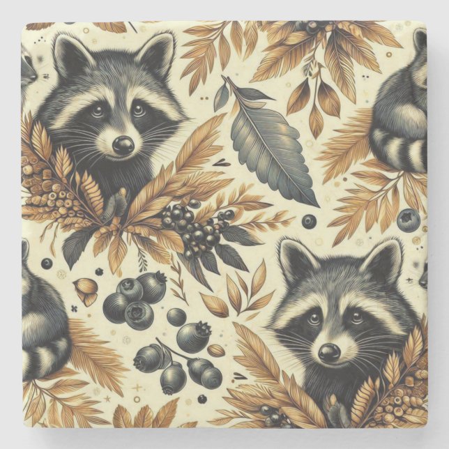 Cute Vintage Racoon Pattern Stone Coaster (Front)