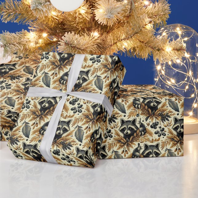 Cute Vintage Racoon Pattern Wrapping Paper (Holidays)