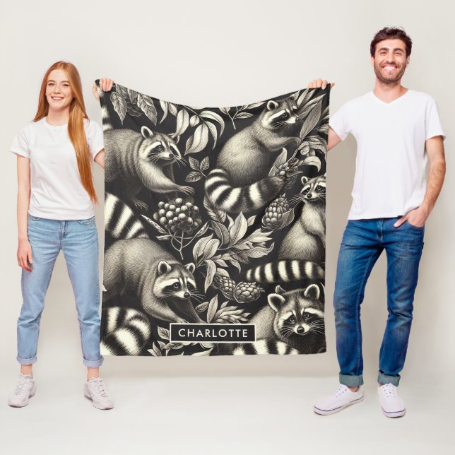 Cute Vintage Racoon Seamless Fleece Blanket (In Situ)