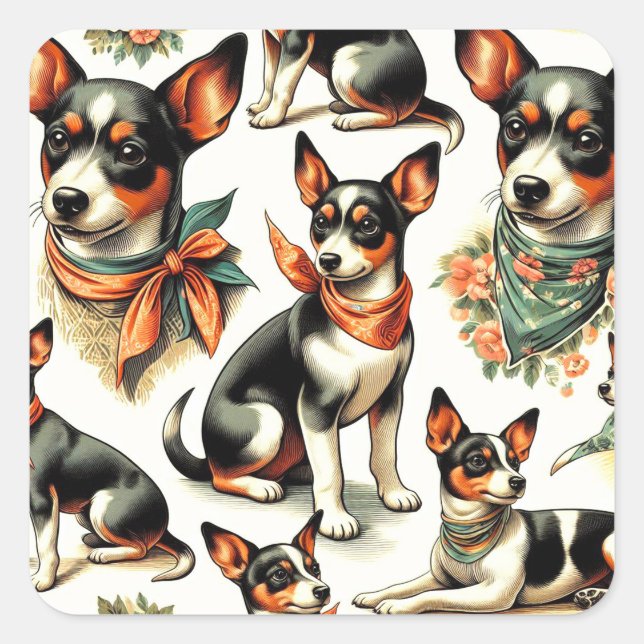 Cute Vintage Rat Terrier Seamless Square Sticker (Front)