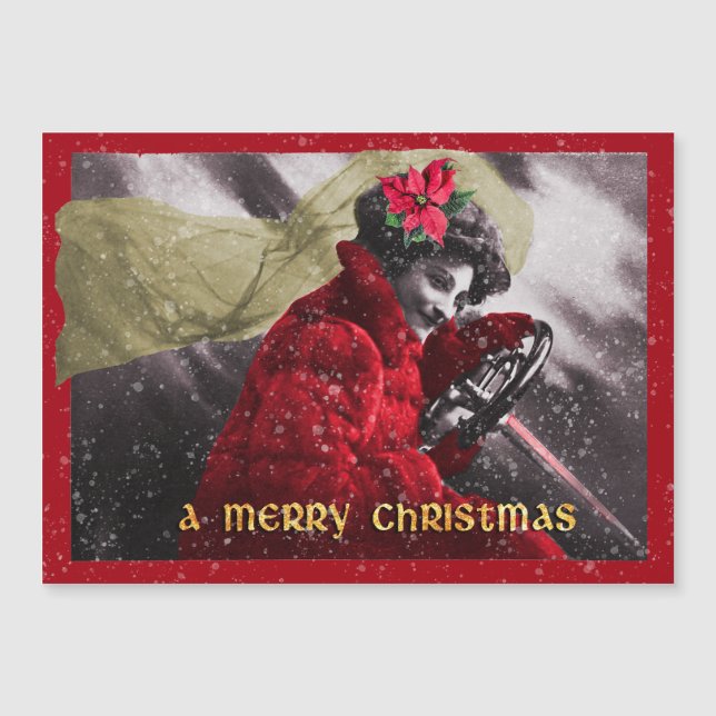 Cute Vintage Red Girl Driving Car (Front)