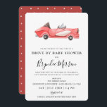 Cute Vintage Red Racecar Drive By Baby Shower Invitation<br><div class="desc">Cute illustrated watercolor vintage red racecar,  drive by baby shower invitation.  Back of card features coordinating red and white polka dot pattern.</div>