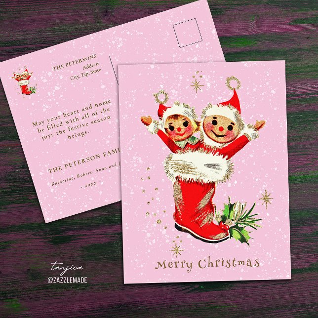 Cute Vintage Retro Christmas Elves Pink Postcard (Creator Uploaded)