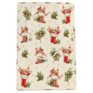 Cute Vintage Retro Christmas Red Green Elves  Medium Gift Bag