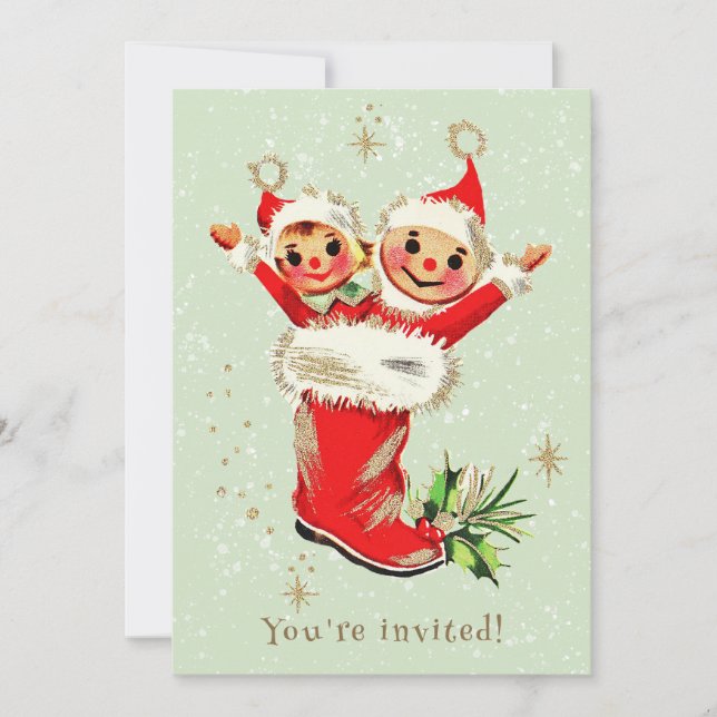 Cute Vintage Retro Elves Sage Christmas Party Invitation (Front)