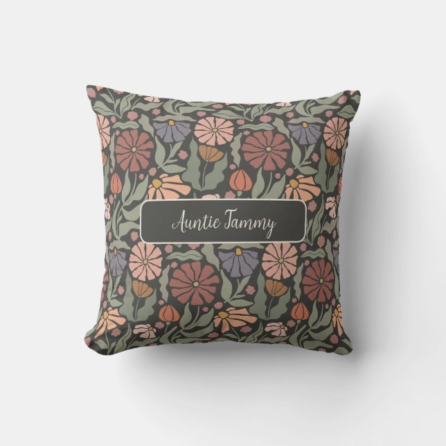 Cute Vintage Retro Flowers Name Throw Pillow (Front)