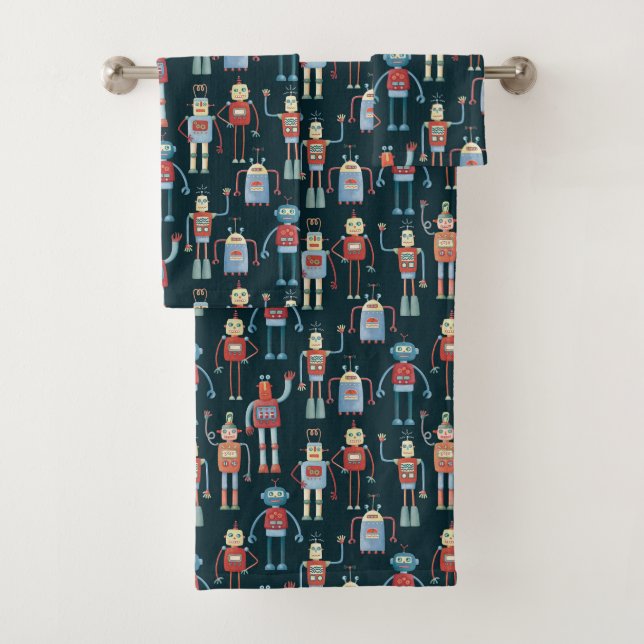 Cute Vintage Retro Robots Dark Bath Towel Set (Insitu)