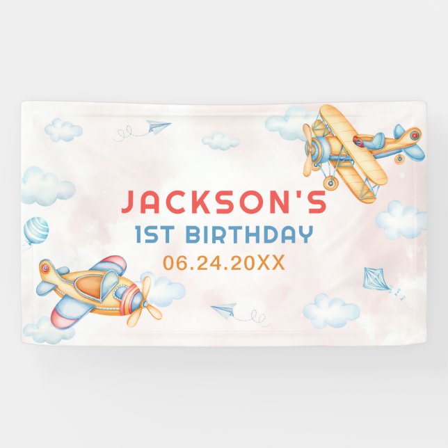 Cute Vintage Retro Yellow Airplane 1st Birthday Banner (Horizontal)