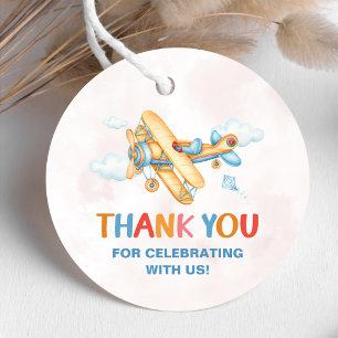 Cute Vintage Retro Yellow Airplane 1st Birthday Favour Tags