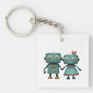 Cute Vintage Robots in Love Couple Art Keychain