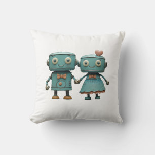 Cute Vintage Robots in Love Couple Art Throw Pillow
