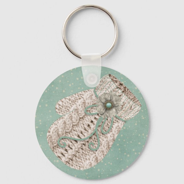 Cute vintage rustic winter knit mitten snowflake  keychain (Front)
