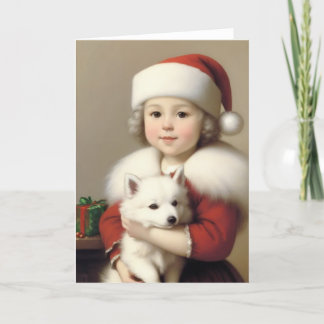 Cute Vintage Santa Girl With American Eskimo  Thank You Card