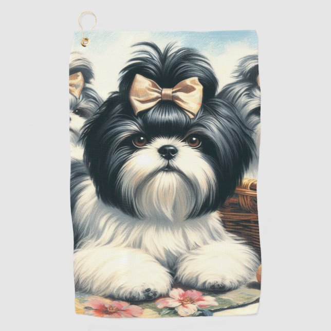Cute Vintage Shih-Tzu Painting Golf Towel (Front)