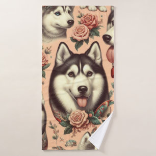 Cute Vintage Siberian Husky Illustration Bath Towel