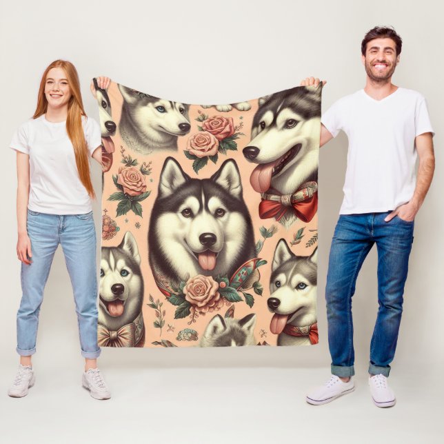 Cute Vintage Siberian Husky Illustration Fleece Blanket (In Situ)