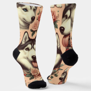 Cute Vintage Siberian Husky Illustration Socks