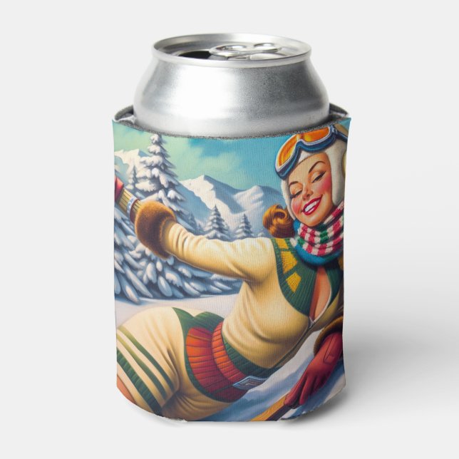 Cute Vintage Ski Pin-Up Can Cooler (Can Front)
