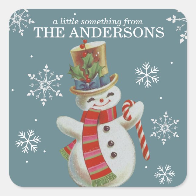 Cute Vintage Snowman Custom Christmas Square Sticker (Front)