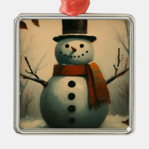 Cute Vintage Snowman for Snowy Christmas Metal Ornament