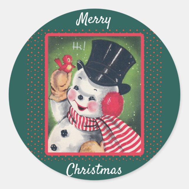 Cute Vintage Snowman Retro Christmas Classic Round Sticker (Front)